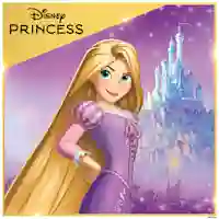 Disney Princess -kuva, jossa pitkätukkainen prinsessa violetissa puvussa ja taustalla hohtava linna.