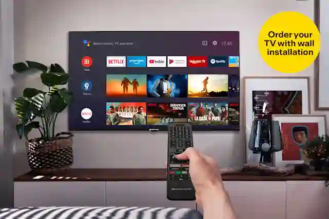Philips TV Ambilight LED backlights stylishly illuminate the room by matching the colors on the screen. A yellow badge reads "Wall mounting €99.99". Read more to find the right TV for you!