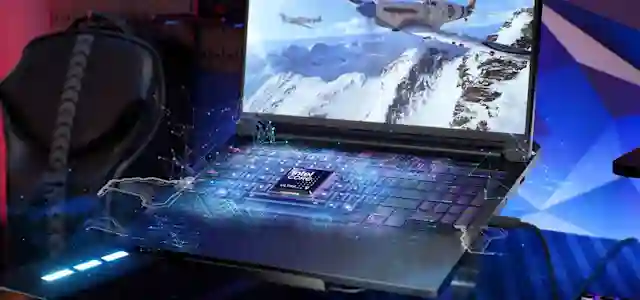 Kuvassa pelitietokone työpöydällä ja siinä päällä kuva Intel Core Ultra 9 prosessori.