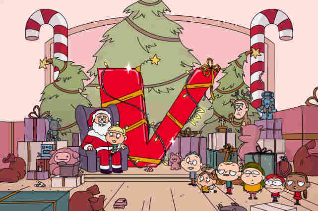 Joulupukki ja lapsia lahjojen keskellä. Taustalla valonauhojen koristamat punainen V-kirjain ja kolme kuusta.
