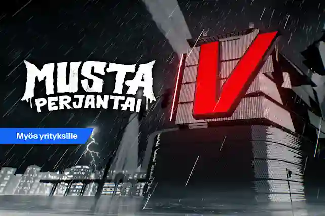Verkkokauppa.com V-logo rakennuksen kyljessä myrskyisässä kaupunkiympäristössä. Teksti: Musta perjantai, Myös yrityksille.