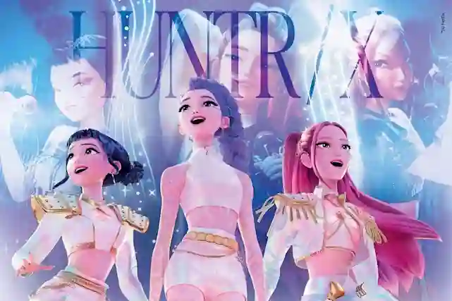 Three animated K-demonhunters characters in pink outfits against a blue background, with the text HUNTER M.