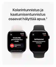 Kaksi Apple Watch ‑älykelloa vaaleaa taustaa vasten. Kellon näytöillä näkyvät hätätilanäkymät törmäys‑ ja kaatumistilanteissa, mukaan lukien SOS‑puhelu ja ilmoitus hätäyhteyshenkilöille.