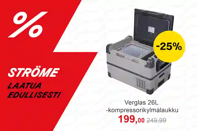Verglas 26L -kompressorikylmälaukku -25% hintaan 199,00, normaalisti 249,99. Ströme, laatua edullisesti.