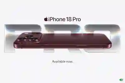 Deep Red iPhone 18 Pro from the side with triple lens system. Available now.