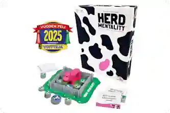 Herd Mentality -lautapeli: karsina, lehmä ja nappuloita. Kysymyskortti, missä lehmä ajattelee: Mikä on paras kahvipohjainen juoma?