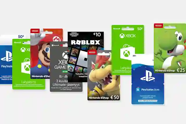 Sony PlayStation Network Card 50 EUR PSN -aktivointikortti, Microsoft Xbox / Windows lahjakortti 50 euroa, aktivointikortti, Nintendo eShop lahjakortti 15 euroa, aktivointikortti, Roblox 10 EUR -lahjakortti.