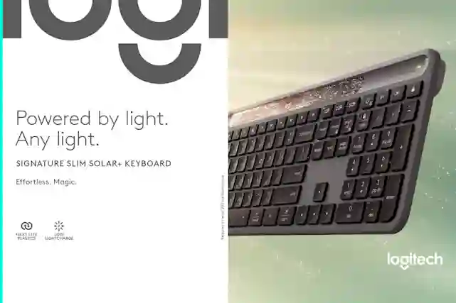 Logitech Power by light. Any light. Signature slim solar+ keyboard. Effortless. Magic. Vieressä kuva uudesta näppämistöstä.
