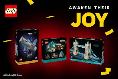 Kolme LEGO-rakennussarjaa mustalla ja punaisella taustalla tekstillä AWAKEN THEIR JOY keltaisilla kirjaimilla.