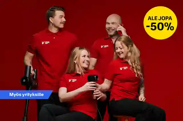 Neljä Verkkokauppa.comin työntekijää punaisissa pikeepaidoissa punaisella taustalla. Ale jopa -50%.