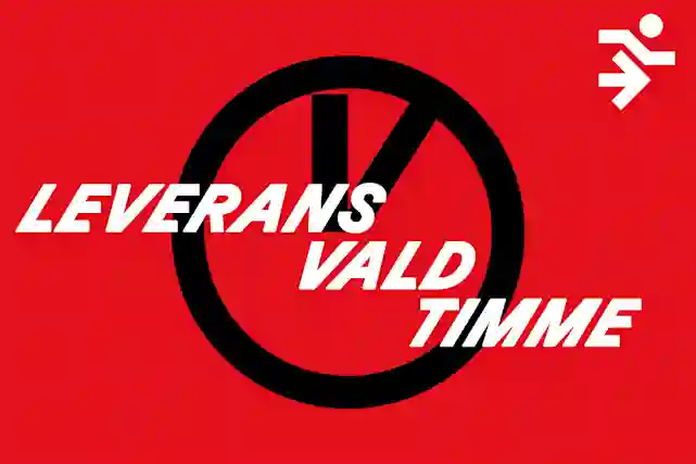 Leverans precis när du vill! Logotyp föreställande en springande person, ett plustecken och en klockikon med en V-logotyp som visare.