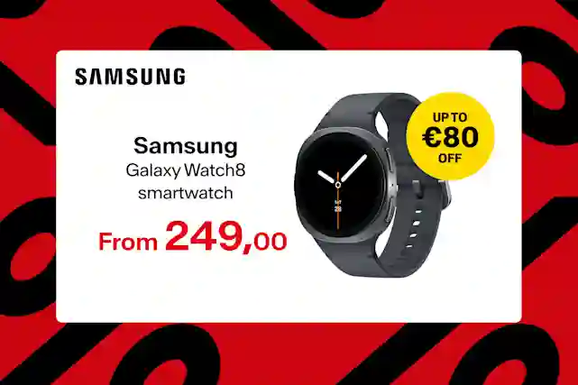 Samsung Galaxy Watch8 smartwatch with gray strap. Save up to €80, starting at €249.00.