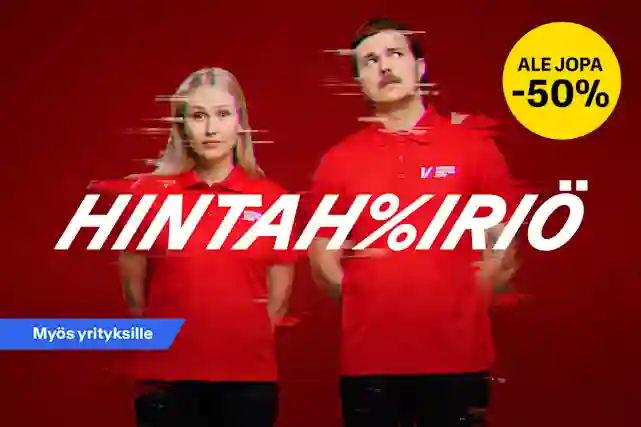 Kaksi Verkkokauppa.comin työntekijää punaisissa pikeepaioissa punaisella taustalla. Hintahäiriö. Ale jopa -50%.