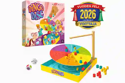 Dingo Disc -lautapeli pakkauksessa ja avattuna värikäine pelilauttoineen, nappuloineen ja noppineen. Vuoden Peli 2026 Lastenpelit -voittaja.