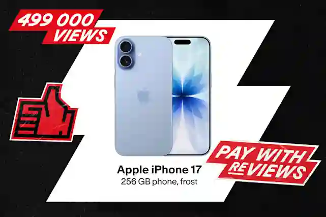 Light blue Apple iPhone 17 phone. 269,000 views. Review the product and redeem.