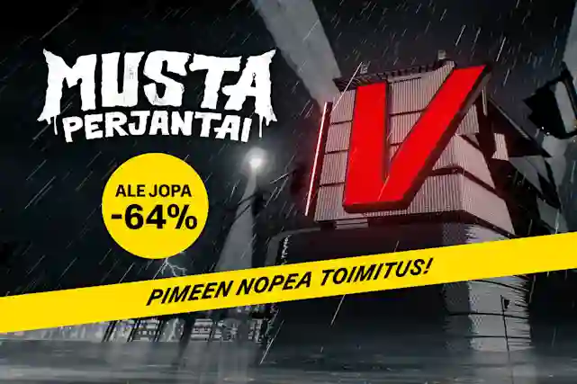 Musta Perjantai -logo. Taustalla synkkä sarjakuvamainen Verkkokauppa.com myymälä jossa etuosassa valtava punainen V-kirjain! Edessä pallura, jossa teksti:"Ale jopa -64%", sekä keltainen nauha, jossa teksti:"Pimeen nopea toimitus!".