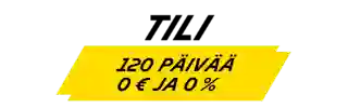 Tili-logo. Teksti:"120 päivää 0 €ja 0 %".
