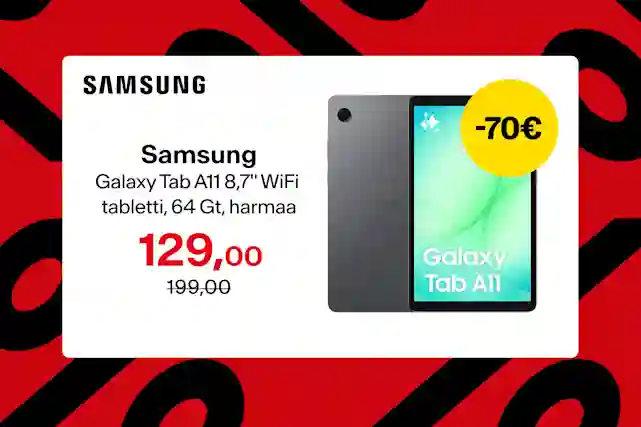 Samsung Galaxy Tab A11 8,7" WiFi -tabletti, harmaa, hinta 129,00 euroa, alennus 70 euroa.