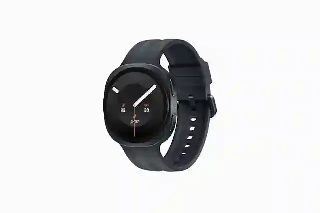 Black Galaxy Watch9 smartwatch with a round display and sport band, showing the time and fitness data on the screen.