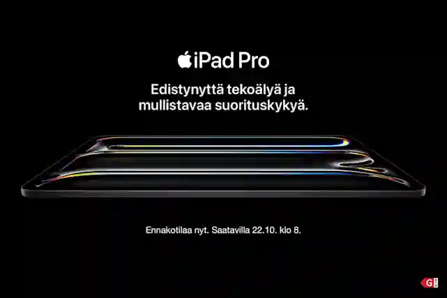 Teksti:"iPad Pro. Edistynyttä tekoälyä ja mullistavaa suorituskykyä. Ennakkotilaa nyt. Saatavilla 22.10. kello 8.00.". Keskellä kuvaa uusi iPad Pro vaakatasossa.