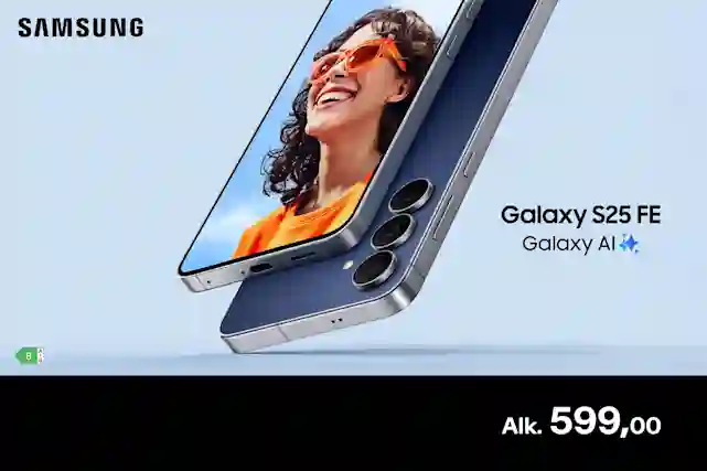 Samsung Galaxy S25 FE -älypuhelin sinisellä taustalla, kolmella takakameralla. Galaxy AI. Alkaen 599,00.