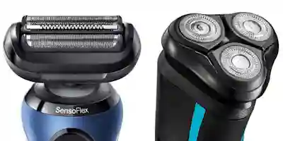 Two electric shaver heads: on the left, a SensoFlex foil shaver with a blue body, on the right, a three-blade rotary shaver head with a black body.