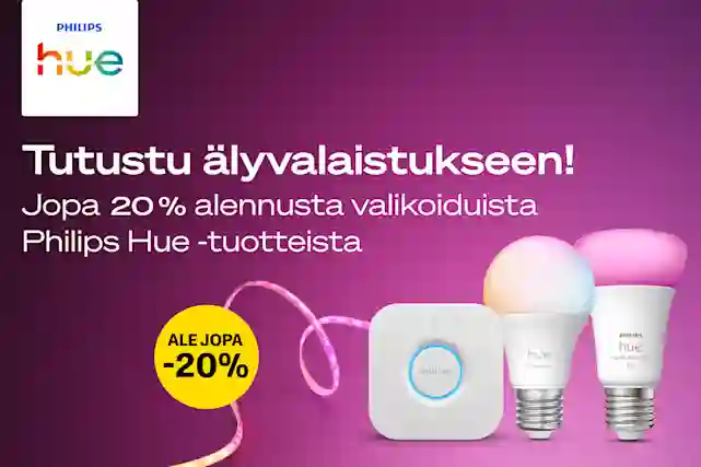 Philips Hue -älyvalaistuskampanja: teksti ‘Tutustu älyvalaistukseen – jopa 20 % alennusta valikoiduista tuotteista’, kuvassa Hue-silta, LED-valonauha ja älylamput.