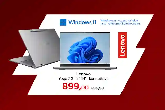 Kuvassa Lenovon Yoga 7 2-in-1 14" -kannettava tietokone. Nyt saat tietokoneen hintaan 899,00 normaalisti 999,99. Vieressä Windows 11 -logo ja Lenovo-logo. 