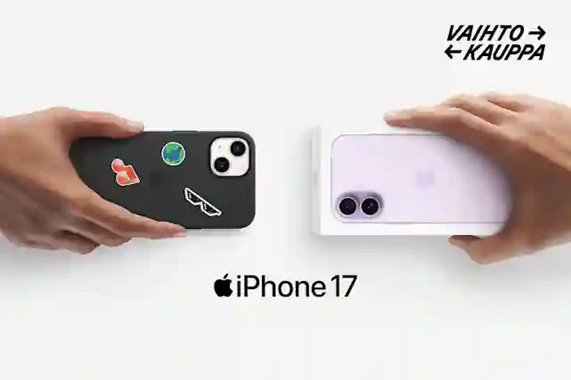 Två händer håller iPhone-telefoner, den ena i ett svart skyddsfodral med klistermärken, den andra i en ljuslila förpackning. I övre hörnet texten: Vaihtokauppa.