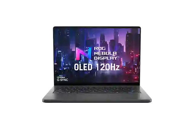 ASUS ROG Zephyrus G14 -slim gaming kannettava, jossa Asus ROG Nebula Display OLED 120Hz -näyttö ja NVIDIA G-SYNC -tuki.