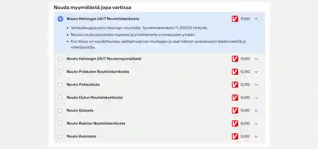 Nouto myymälästä valinta ikkuna Verkkokauppa.comin tilaus välilehdeltä.