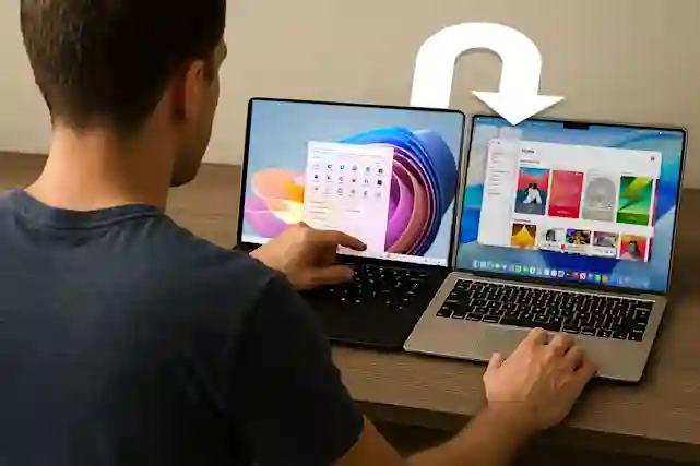 Henkilö siirtää PC-tietokoneesta tietoja Macbook-tietokoneeseen.