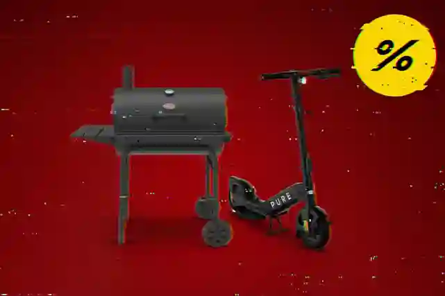 Svart rökgrill och Pure-elsparkcykel mot röd bakgrund. Gul procenttecken i övre högra hörnet.