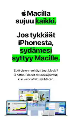 Reklambilden med texten: Allt flyter på med en Mac. Om du gillar iPhone kommer du att älska Mac. Mac-datorer nedan.