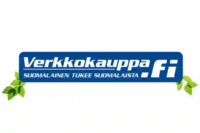 Verkkokauppa.fi – Suomalainen tukee suomalaista logo. Taustalla koivunlehtiä