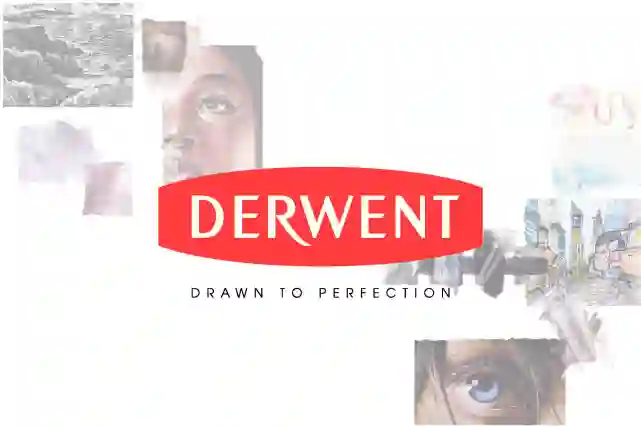 Derwent-logo ja teksti:"Drawn to perfection". Taustalla taideteoksia.