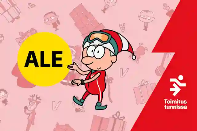 Joulutonttu lahjapakettien edessä esittelee ALEa. Toimitus tunnissa.