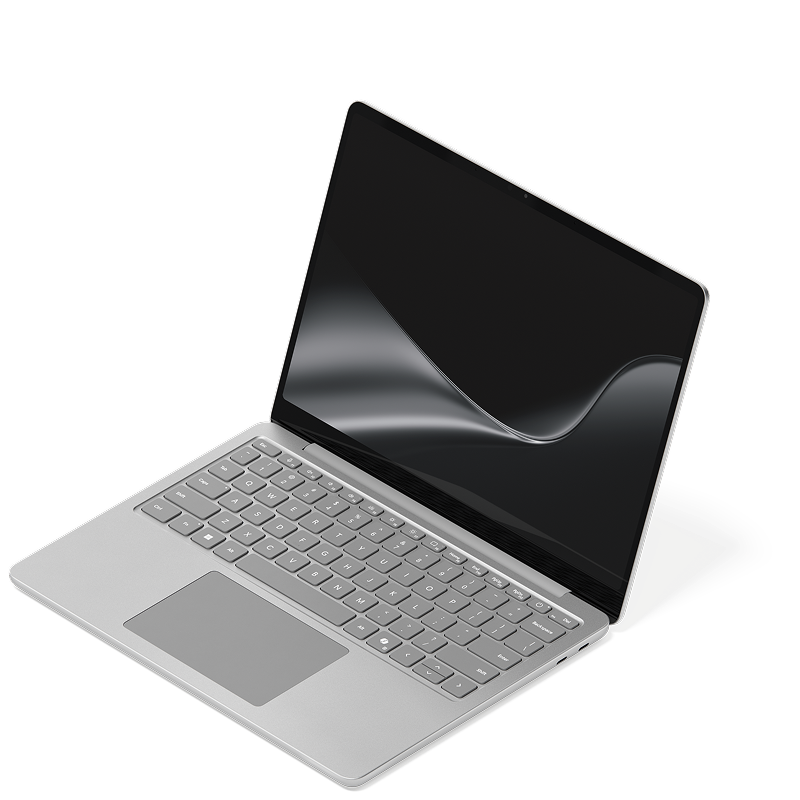 An open Surface Laptop with the dark ribbon screen saver against a white background