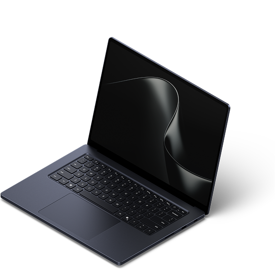 An open Surface Laptop with the dark ribbon screen saver against a white background
