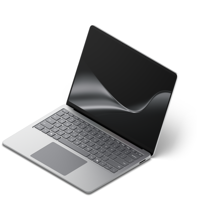 An open Surface Laptop with the dark ribbon screen saver against a white background