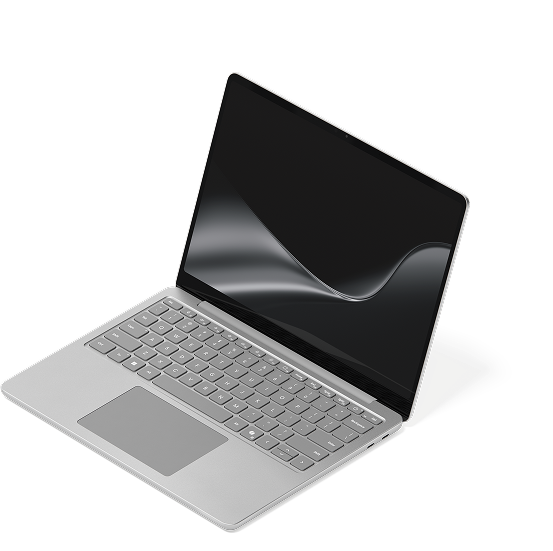 An open Surface Laptop with the dark ribbon screen saver against a white background