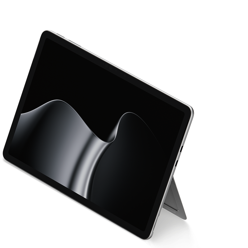 A three-quarter front view of the new Surface Pro, 12-inch (Snapdragon®) with a dark ribbon screensaver