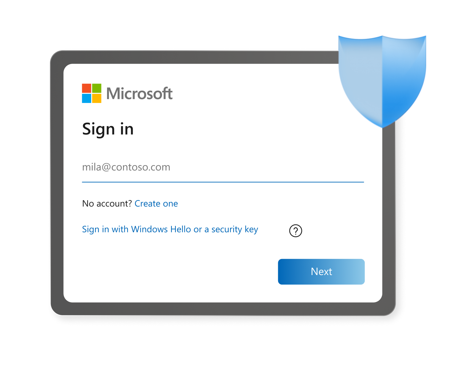 A screenshot of a Microsoft sign-in box, with a blue shield in the top right corner.