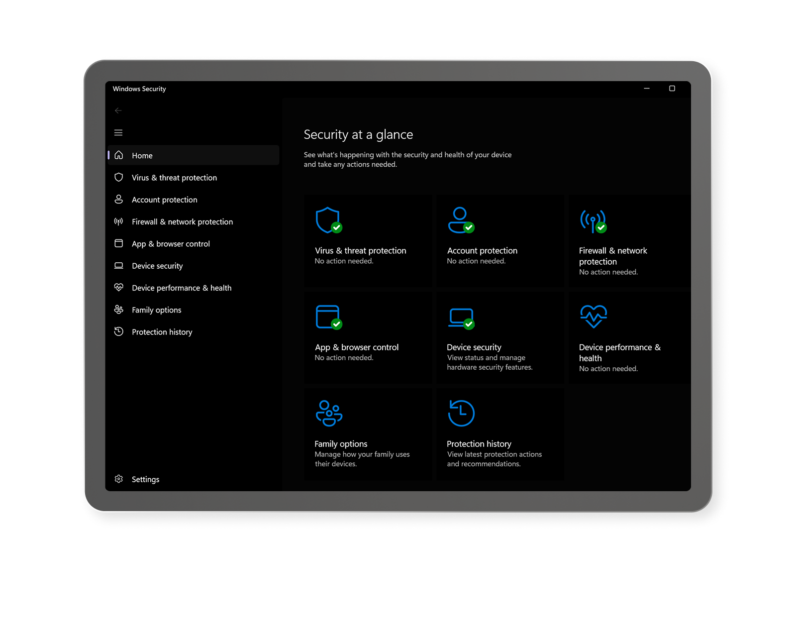 A screenshot of the Windows Security at a glance page in Settings