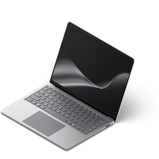 An open Surface Laptop with the dark ribbon screensaver against a white background
