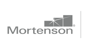 Text saying "Mortenson" an icon of three blue and grey rectangles