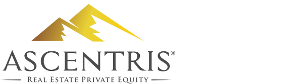 A gold illustrated mountain above the text "Ascentris: real estate private equity"