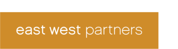 A logo with an background and lowercase sans-serif text "east west partners"