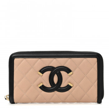  CHANEL Caviar Quilted Filigree Zip Around Wallet Beige Black