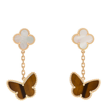 VAN CLEEF & ARPELS 18K Yellow Gold Mother of Pearl Tiger's Eye Lucky Alhambra 2 Motifs Butterfly Earrings